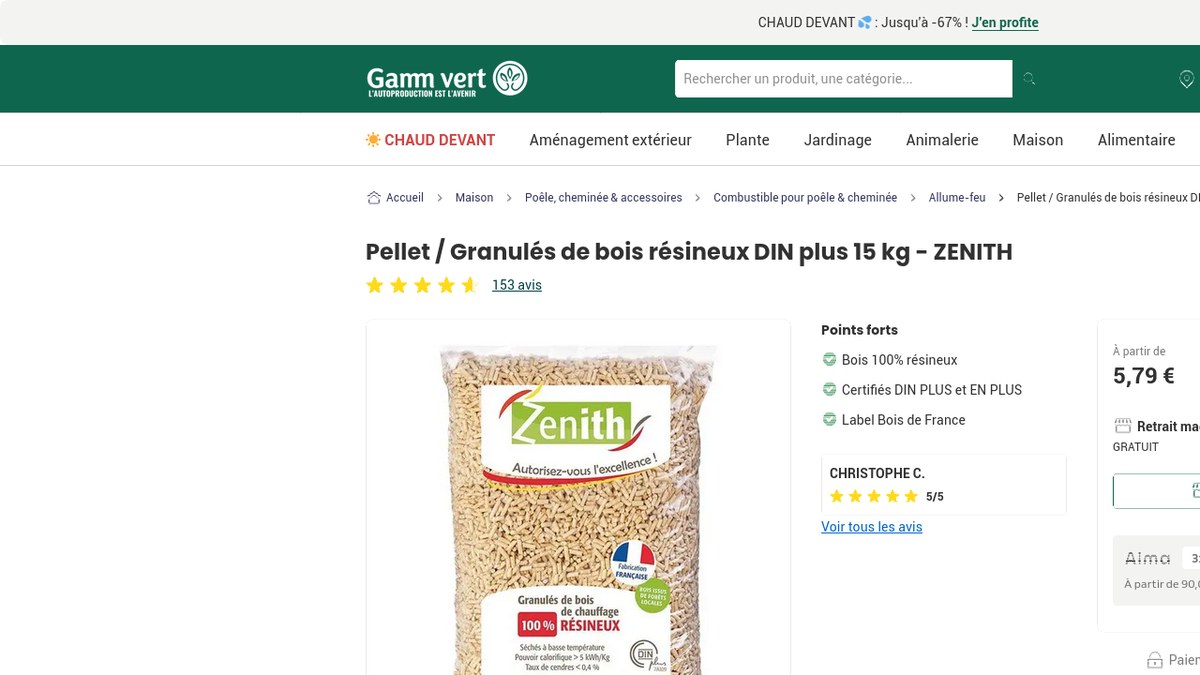 Fiche Gamm Vert indiquant le prix des pellets 15 kg à partir de 5,79 €