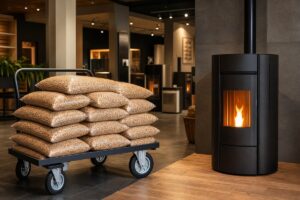 Chariot de sacs de pellets près d’un poêle à granulés en showroom