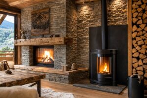 Mur en pierre derrière un poêle dans un chalet