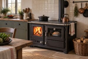 Cuisinière à bois avec plaque, foyer et four dans une cuisine