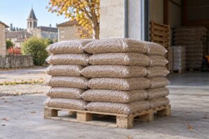 Palette de sacs de granulés devant un dépôt communal