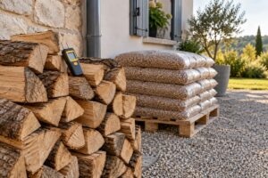 Bois de chauffage et sacs de granulés contrôlés avec un humidimètre