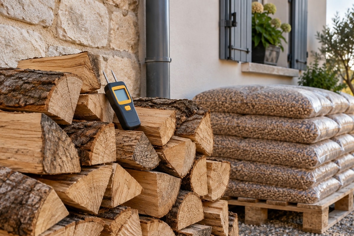 Bois de chauffage et sacs de granulés contrôlés avec un humidimètre