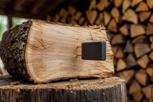 Humidimètre posé sur le cœur d’une bûche fraîchement fendue