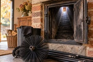 Trappe de conduit et hérisson de ramonage préparés dans une cheminée