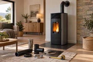 Poêle à granulés avec conduit et accessoires de pose dans un séjour